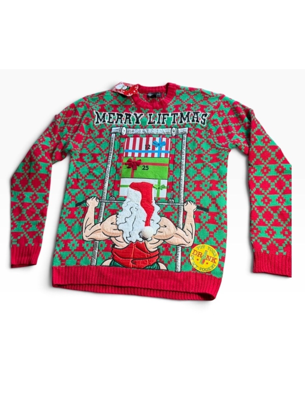 BLIZZARD BAY men’s weightlifting ugly Christmas sweater with beer pocket NWT